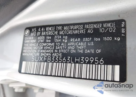 2003 BMW X5 4.4I из США, поврежденный, VIN 5UXFB33563LH39956